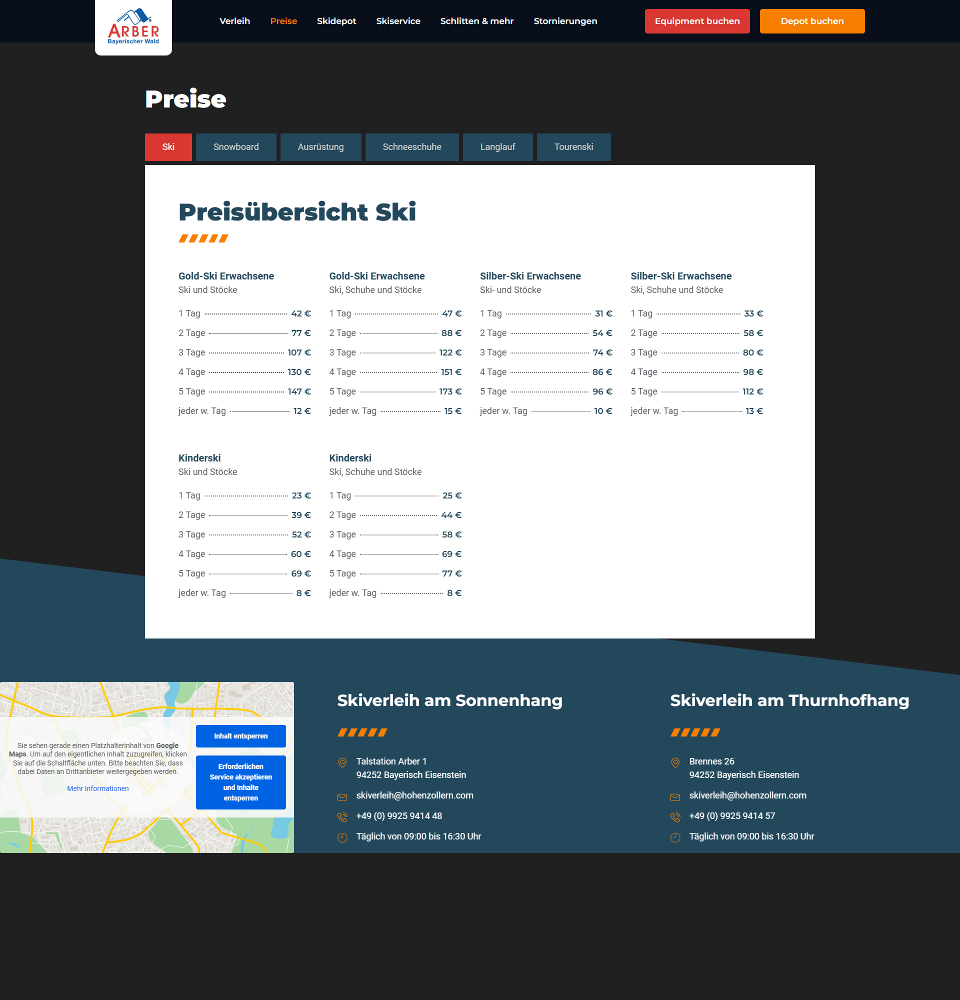 Preisübersicht für Ski, Snowboards und Wintersportausrüstung beim Arber Skiverleih im Bayerischen Wald.