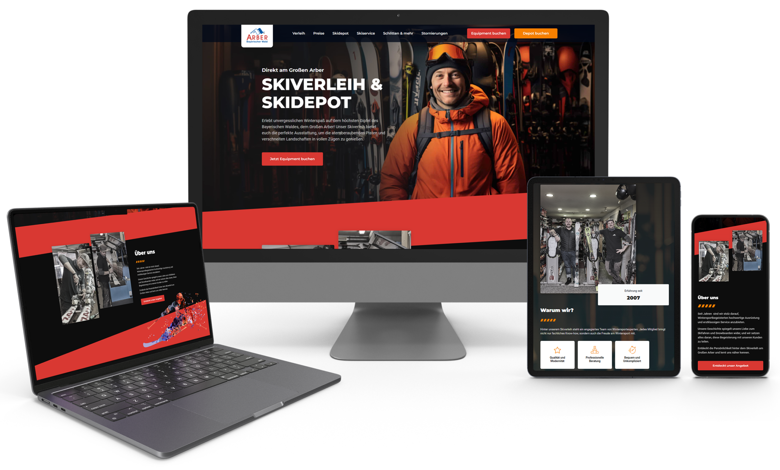 Responsive Webdesign des Arber Skiverleihs auf Desktop, Laptop, Tablet und Smartphone.