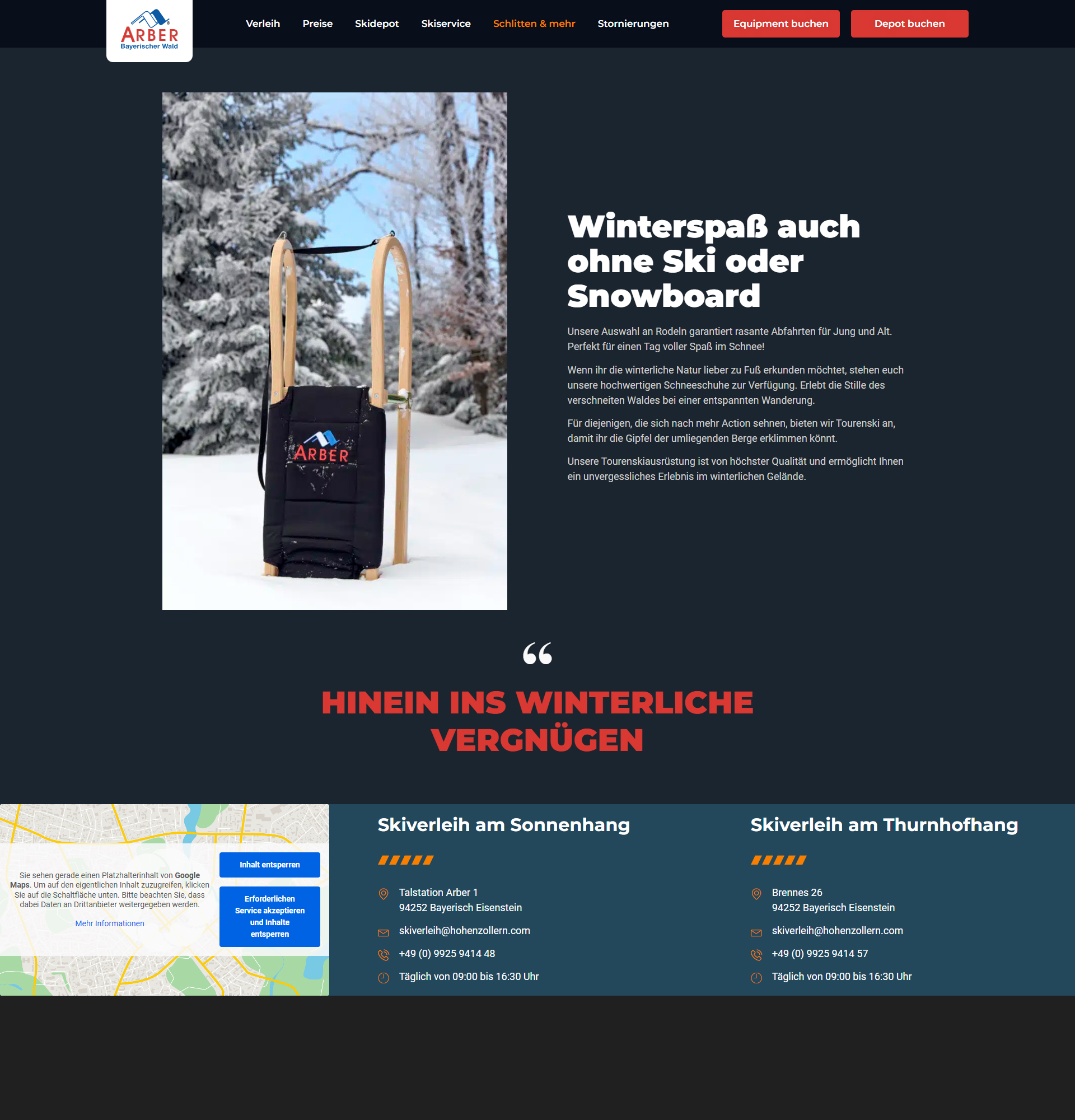 Website des Arber Skiverleihs mit Informationen zu Schlitten, Schneeschuhen und Tourenski am Großen Arber.