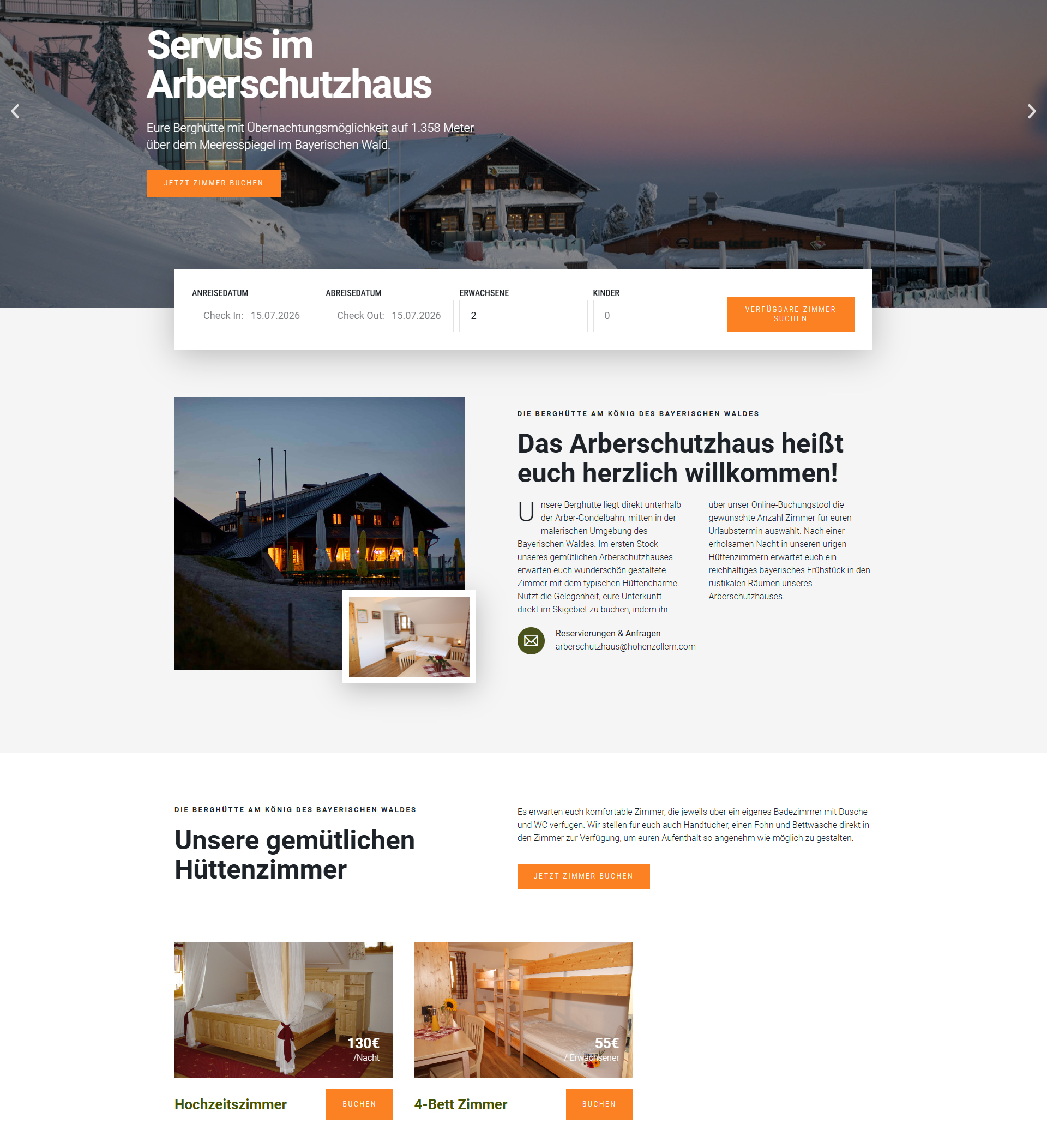 Startseite des Arberschutzhauses mit Berghütte, Hütten­zimmern und Online-Zimmerbuchung am Großen Arber.