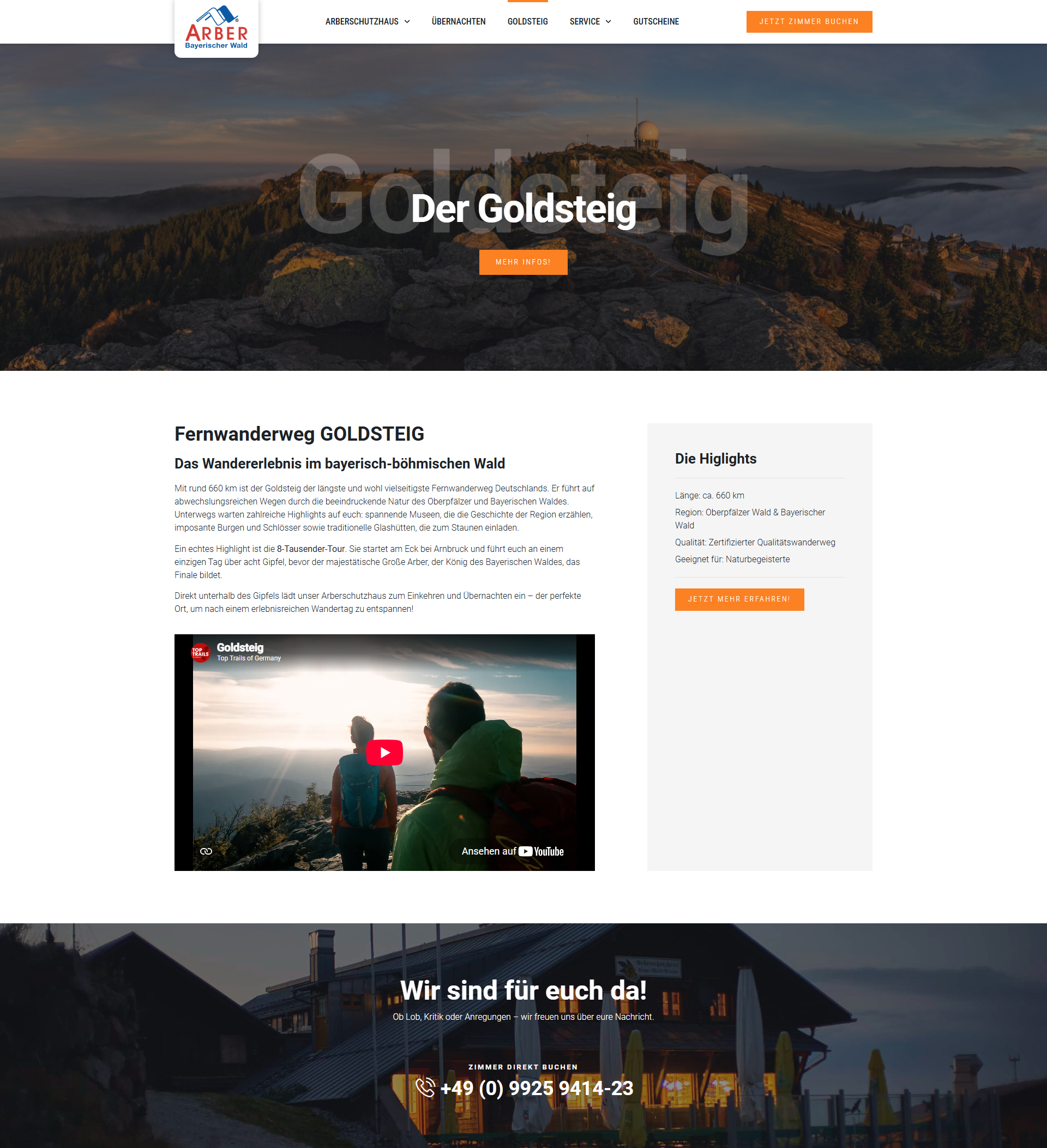 Website des Arberschutzhauses mit Informationen zum Fernwanderweg Goldsteig im Bayerischen Wald.