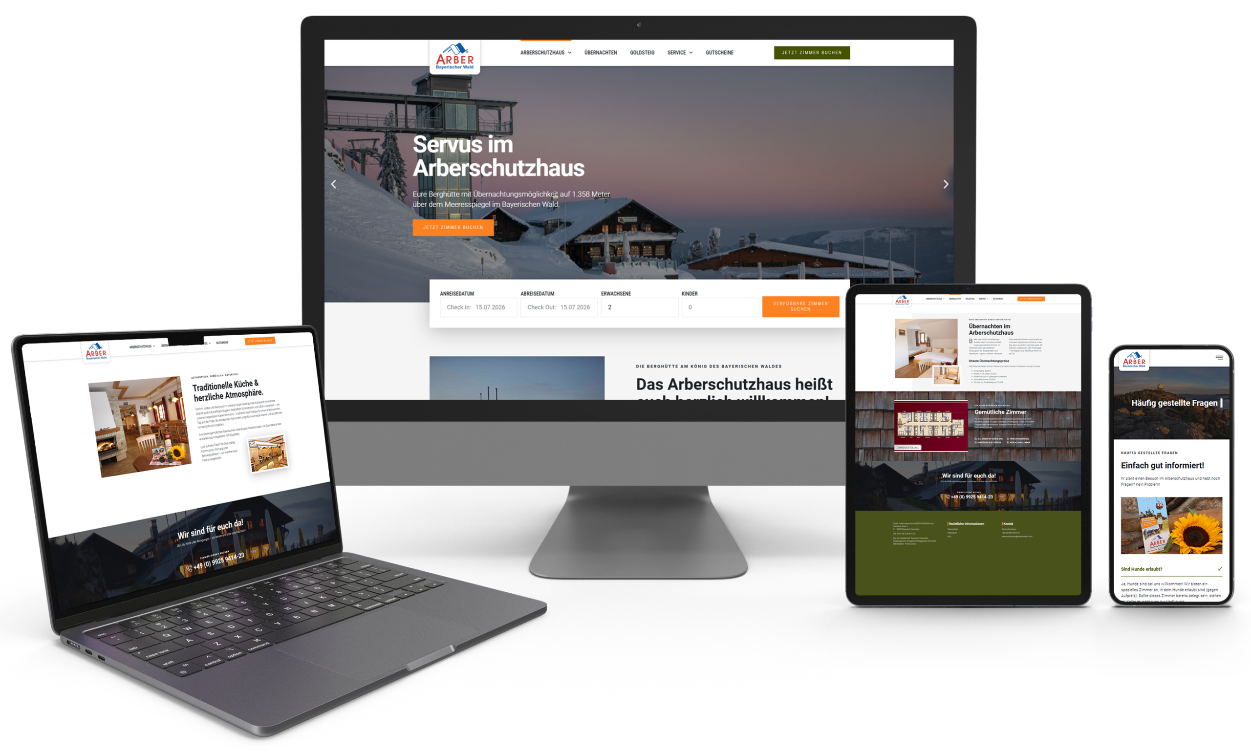 Responsive Webdesign des Arberschutzhauses auf Desktop, Laptop, Tablet und Smartphone.