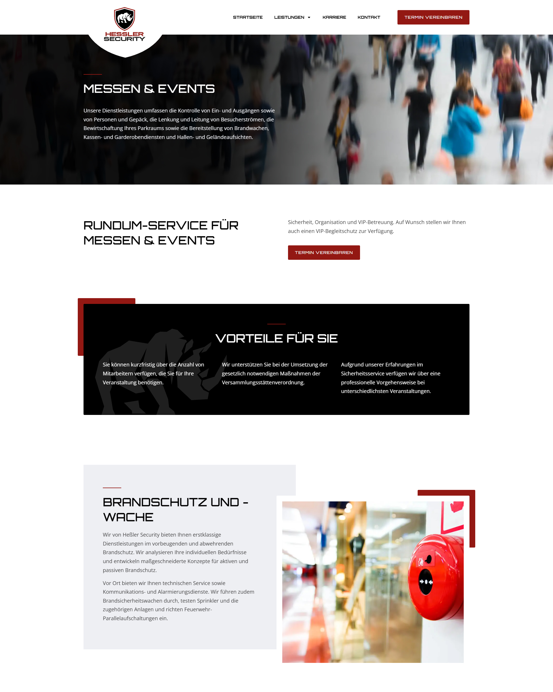 Website von Hessler Security mit Sicherheitsdienstleistungen für Messen und Events sowie Brandwache und Brandschutz.