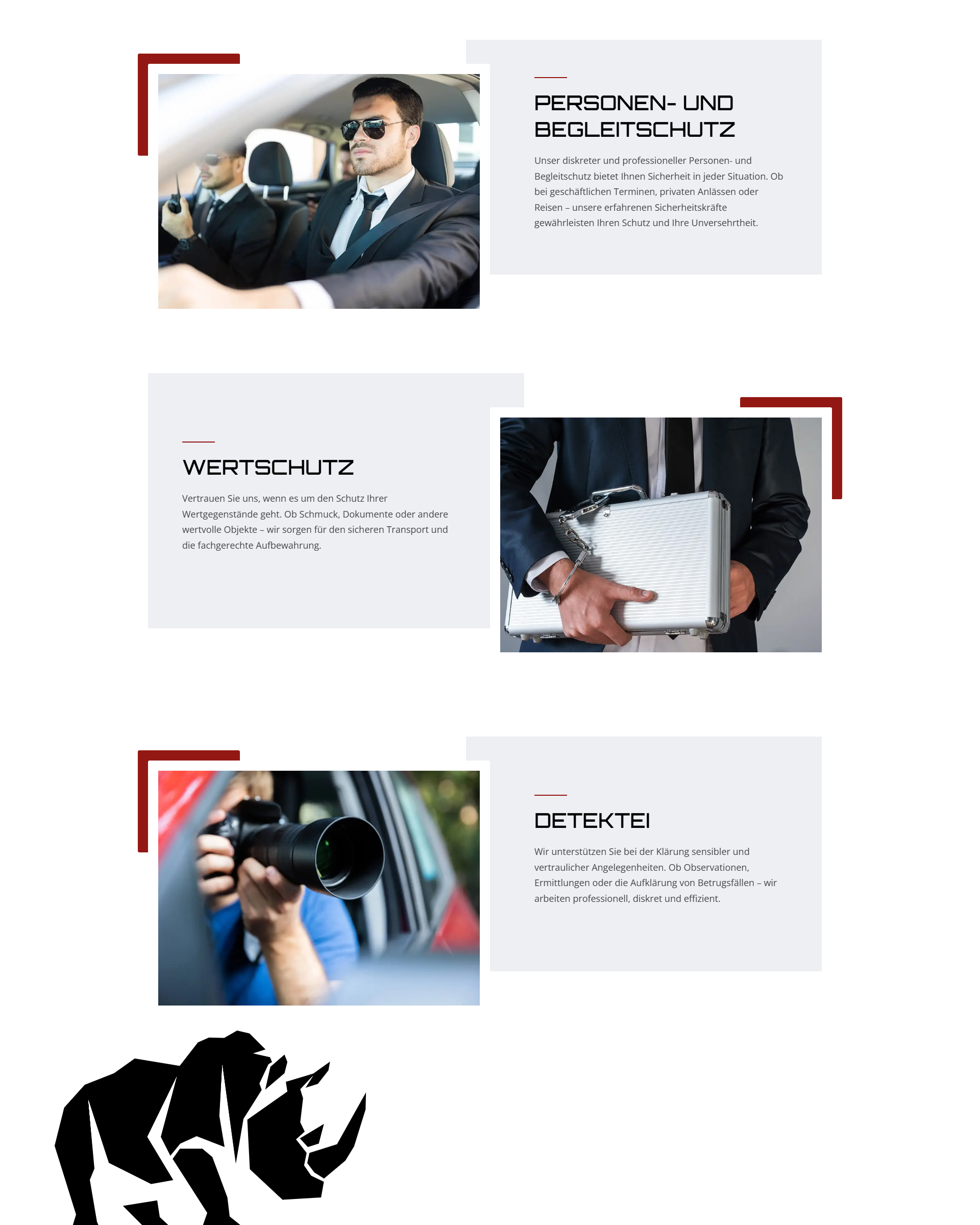 Website von Hessler Security mit Leistungen für Personenschutz, Begleitschutz, Wertschutz und Detektei.