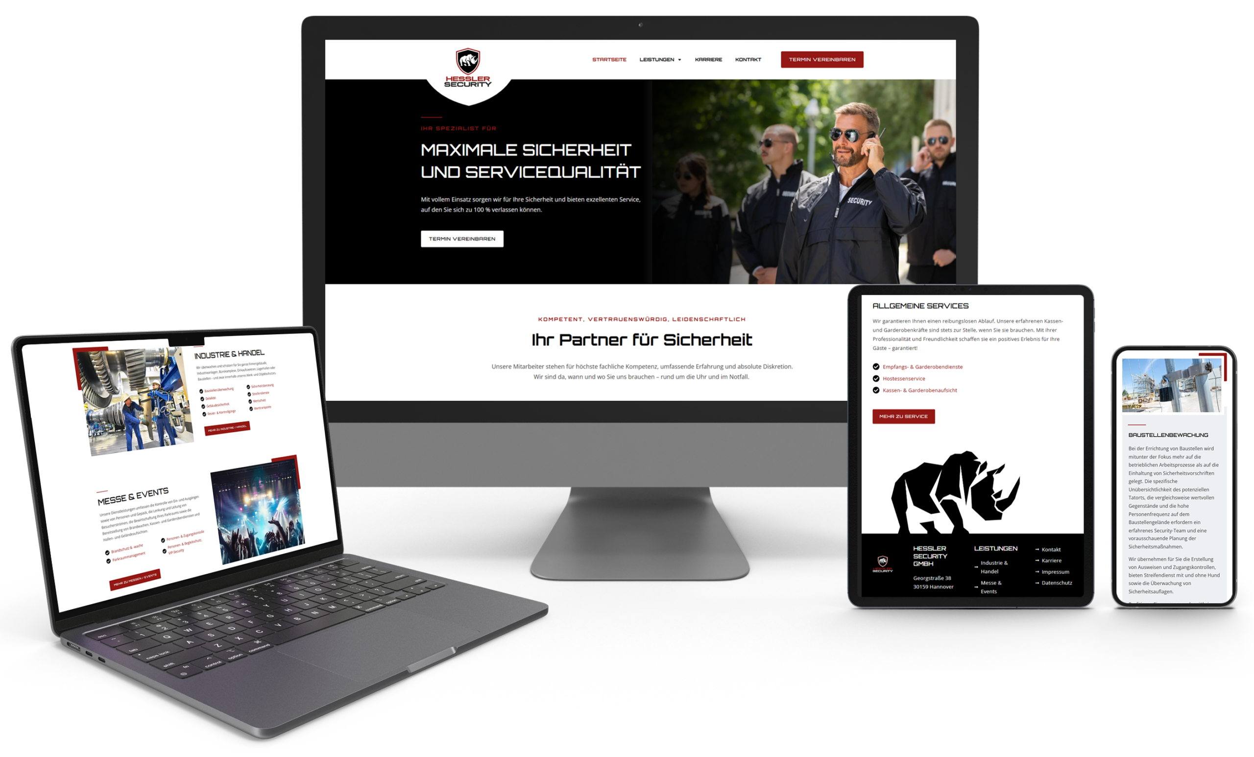 Responsive Webdesign von Hessler Security für professionelle Sicherheitsdienstleistungen auf Desktop, Laptop, Tablet und Smartphone.