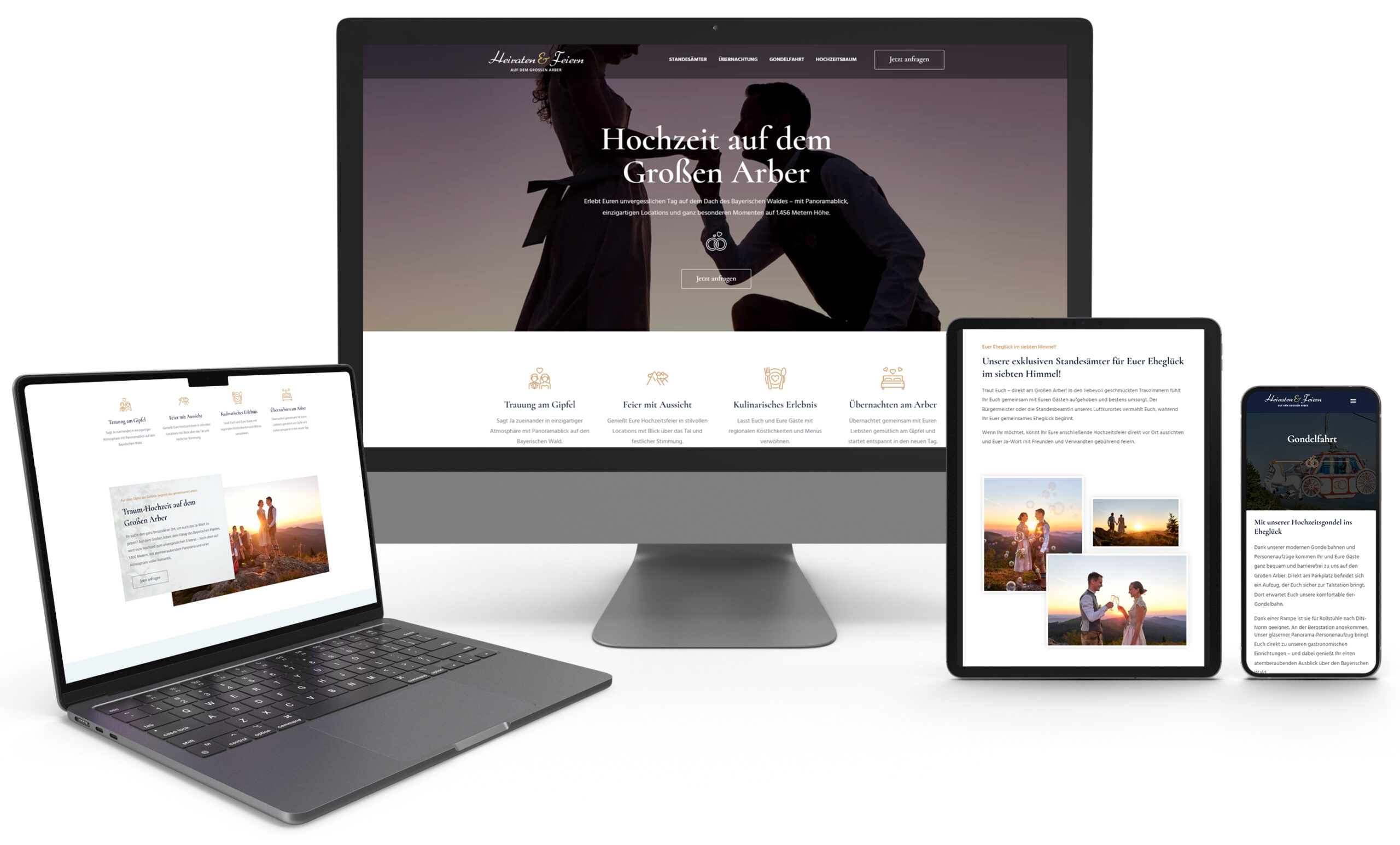 Responsive Webdesign der Hochzeitswebsite für den Großen Arber auf Desktop, Laptop, Tablet und Smartphone.