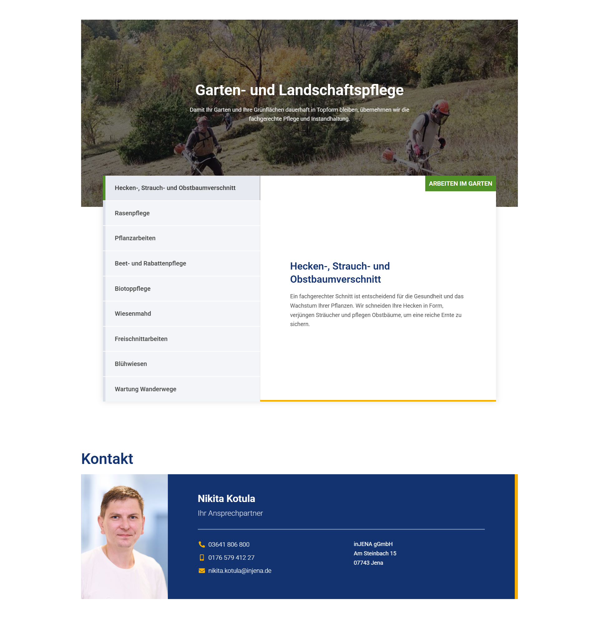 Website von inJENA mit Leistungen zur Garten- und Landschaftspflege, darunter Heckenschnitt, Rasenpflege und Pflanzarbeiten in Jena.