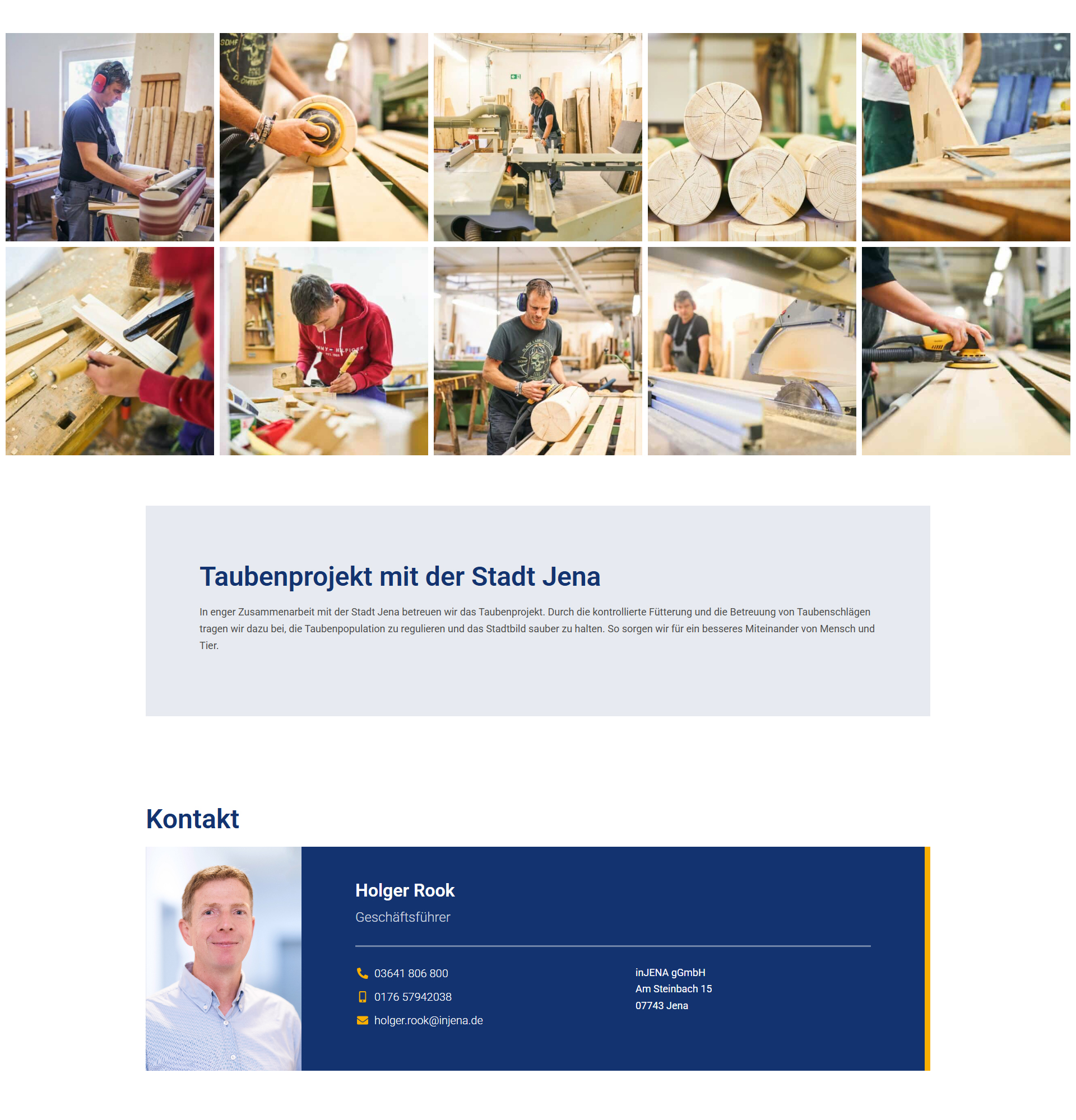 Website von inJENA mit Einblicken in die Schreinerei und Informationen zum Taubenprojekt in Zusammenarbeit mit der Stadt Jena.