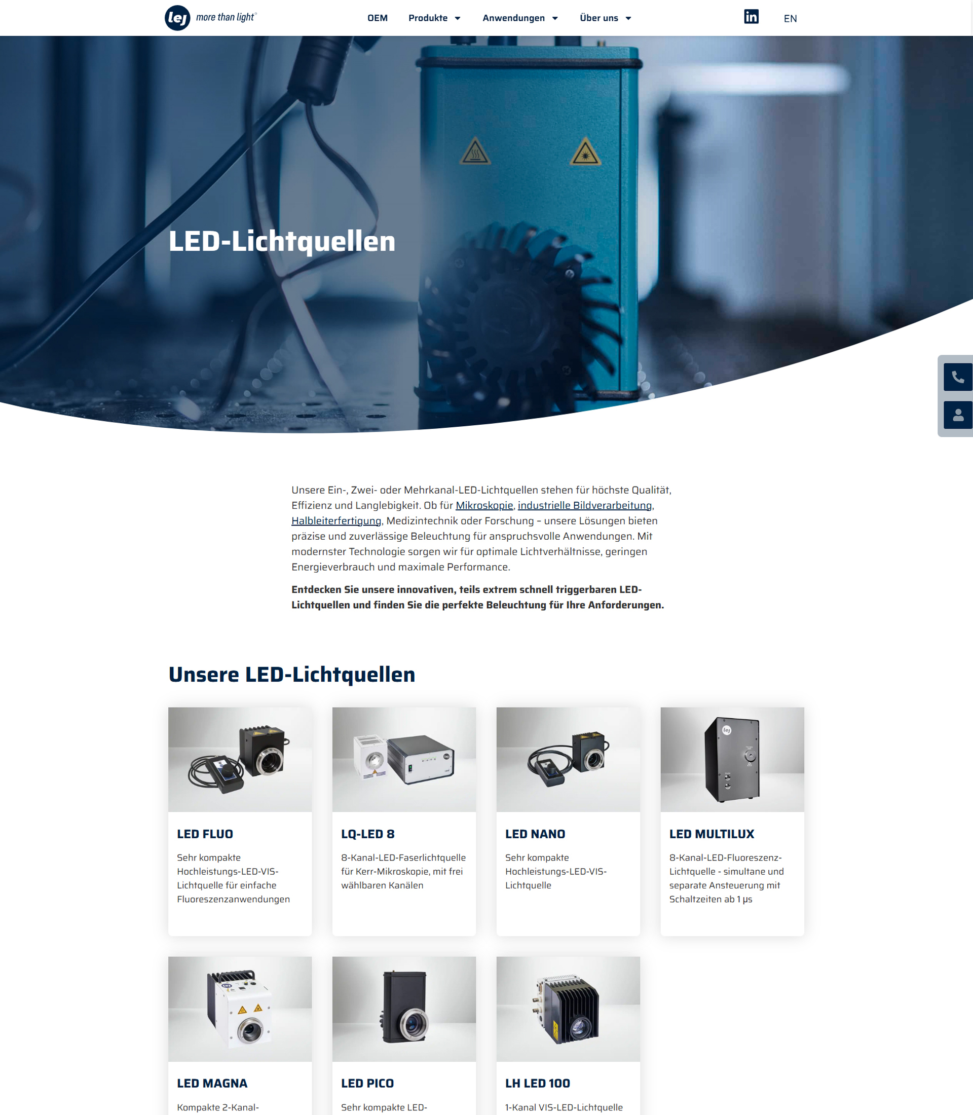Website für LEJ LED-Lichtquellen mit Produktübersicht für Mikroskopie und industrielle Bildverarbeitung