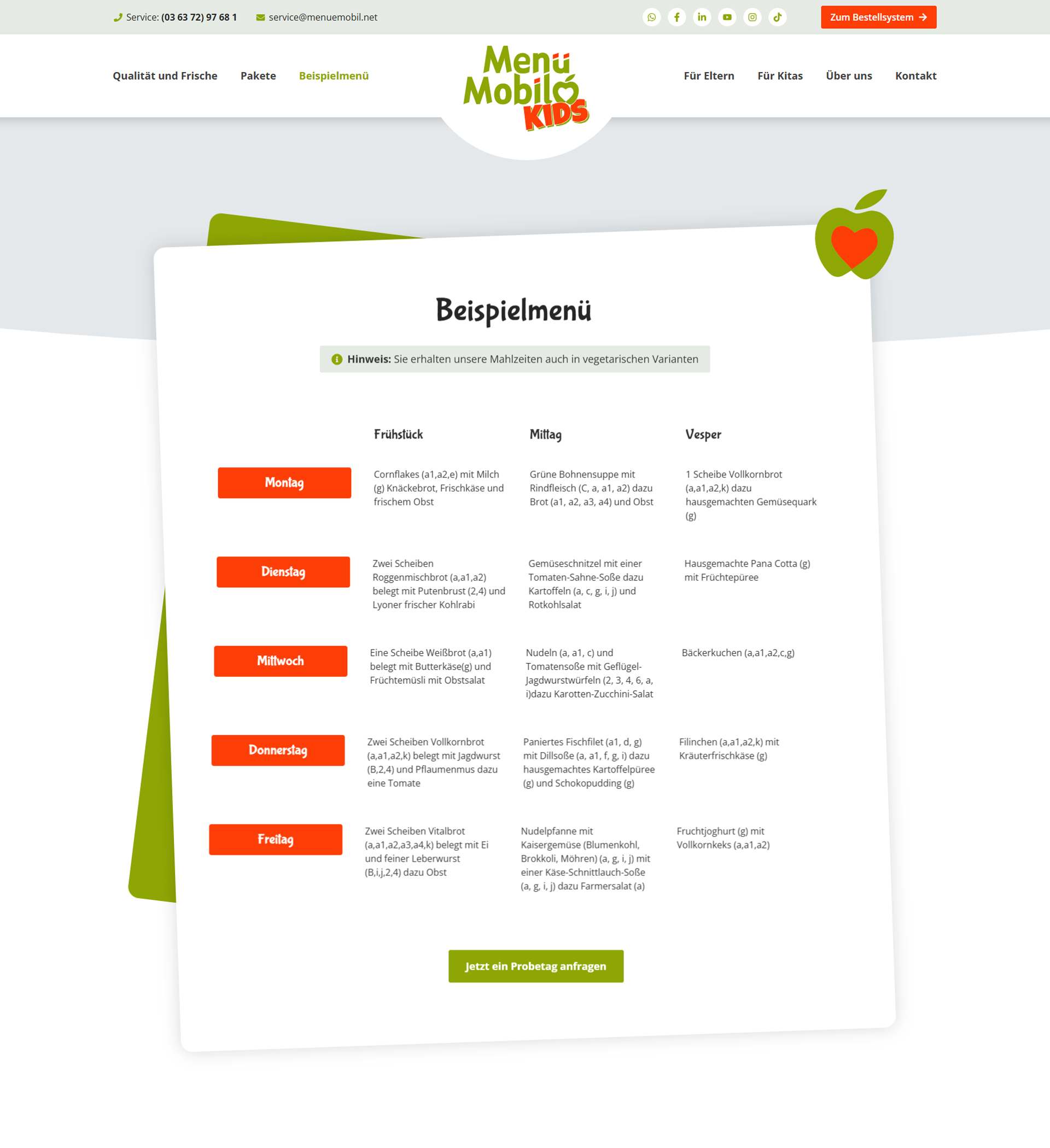 Beispielmenü von Menü Mobil Kids mit Wochenplan für Frühstück, Mittagessen und Vesper in der Kita