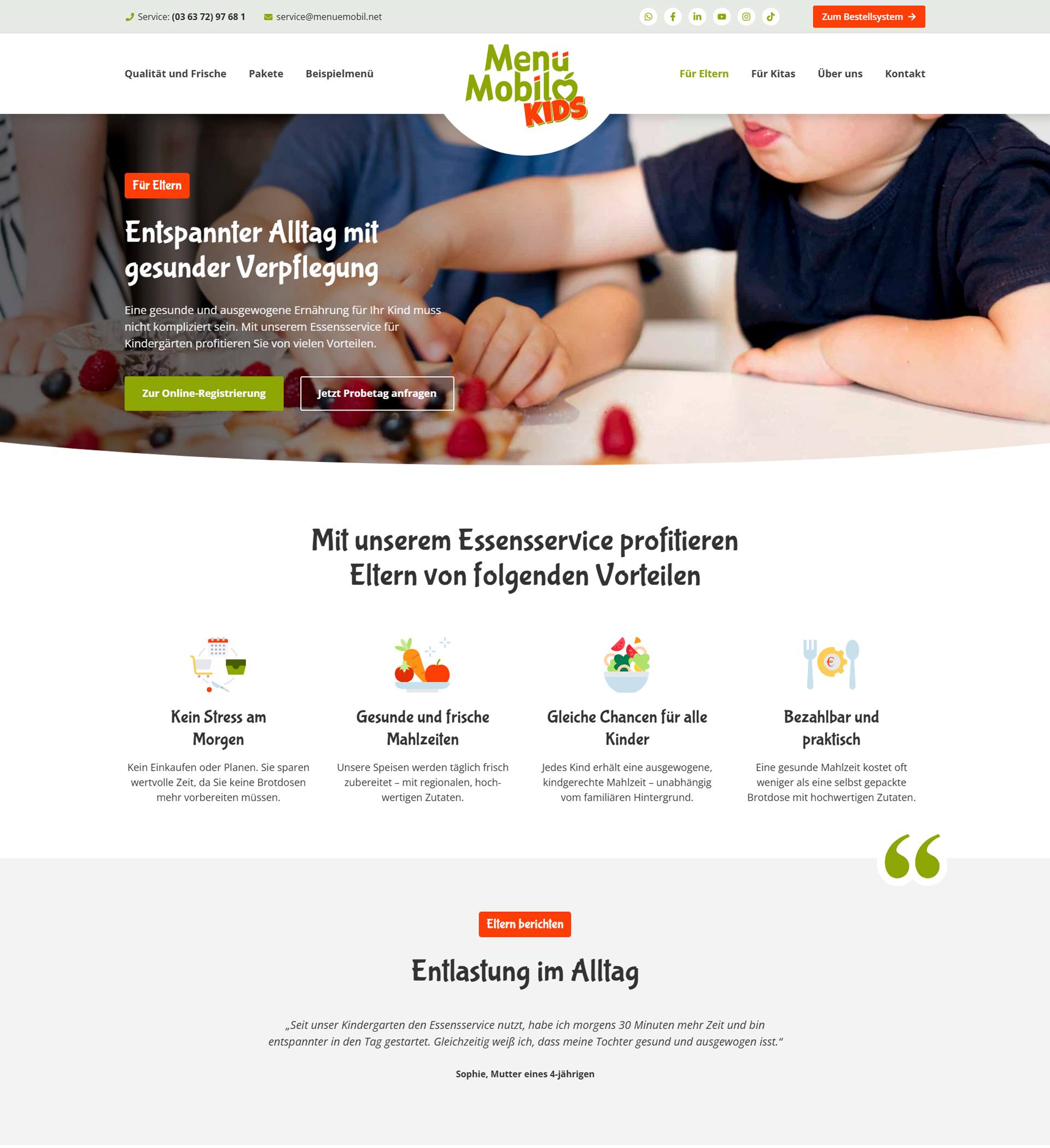 Elternseite von Menü Mobil Kids mit Vorteilen des Essenservices für gesunde Kita-Verpflegung