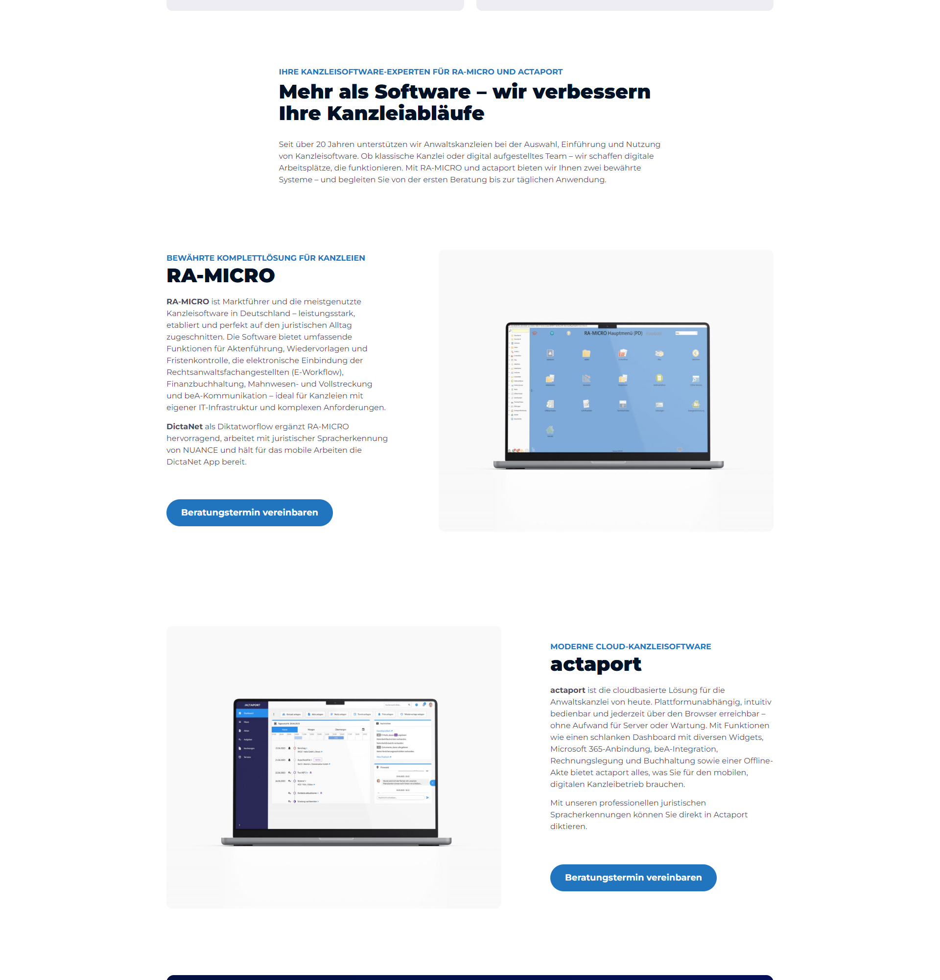 Website von Meyer IT-Systeme mit Informationen und Beratung zu den Kanzleisoftware-Lösungen RA-MICRO und actaport.