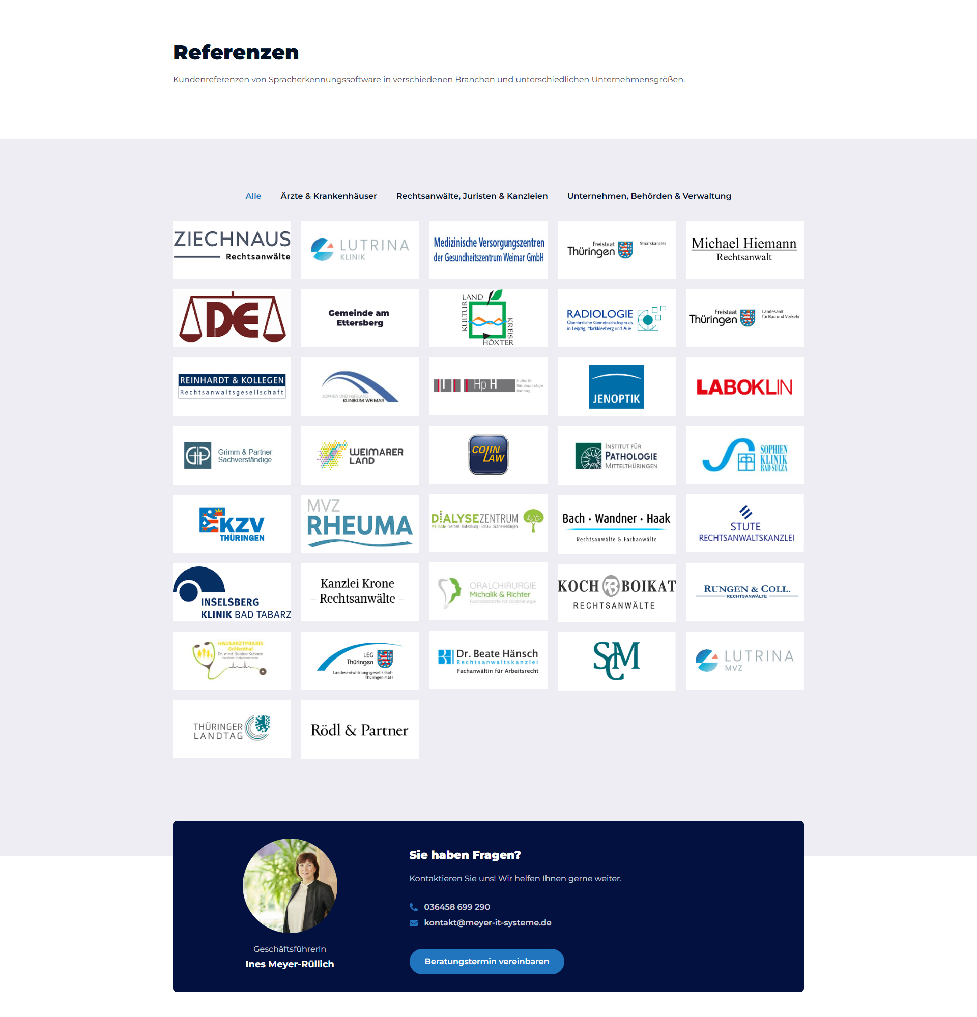 Referenzübersicht von Meyer IT-Systeme mit Kunden aus Kanzleien, Medizin, Unternehmen und öffentlicher Verwaltung.