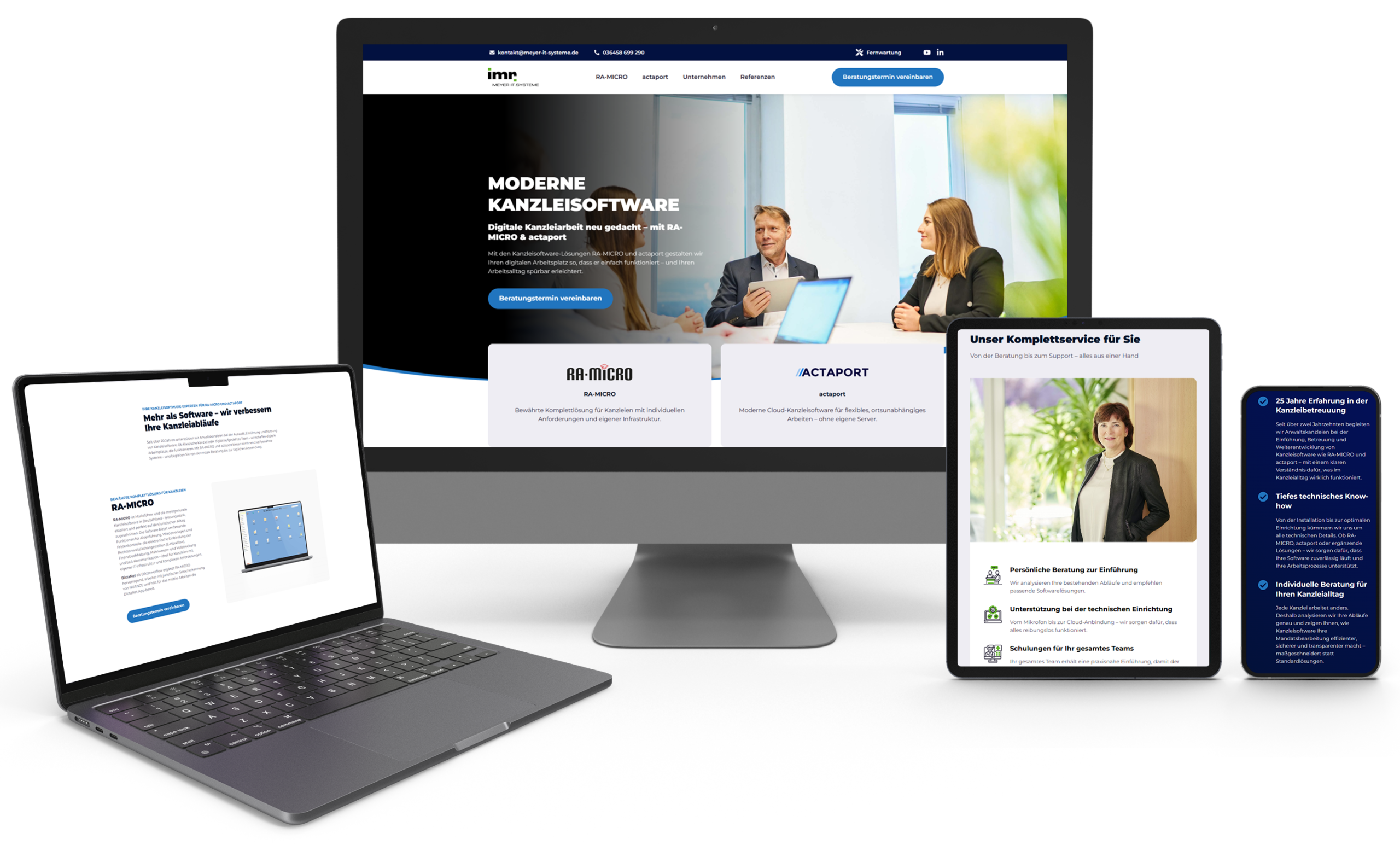 Responsive Webdesign von Meyer IT-Systeme für Kanzleisoftware auf Desktop, Laptop, Tablet und Smartphone.