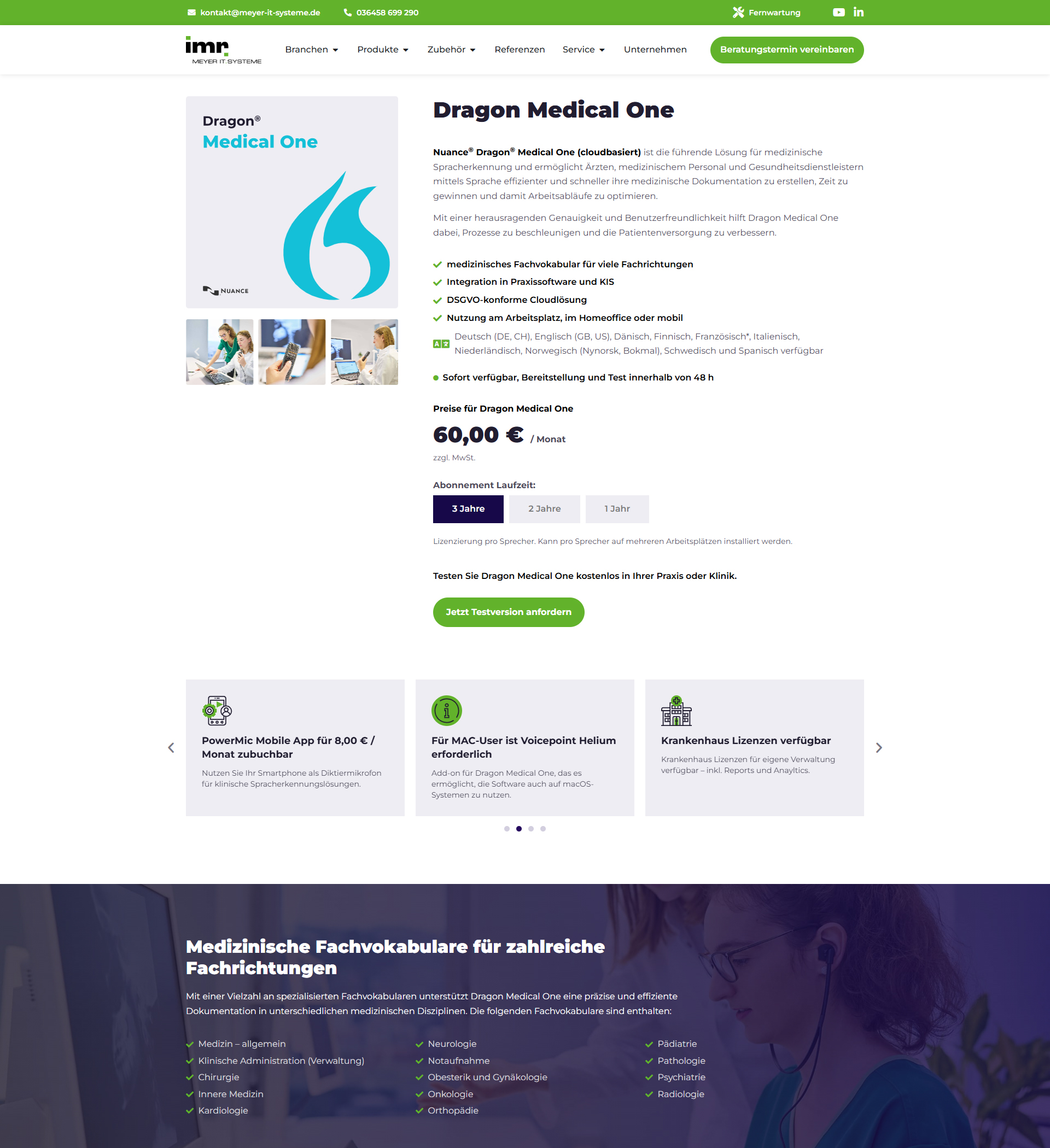 Dragon Medical One Produktseite von MEYER IT-SYSTEME für medizinische Spracherkennung in Praxis und Klinik