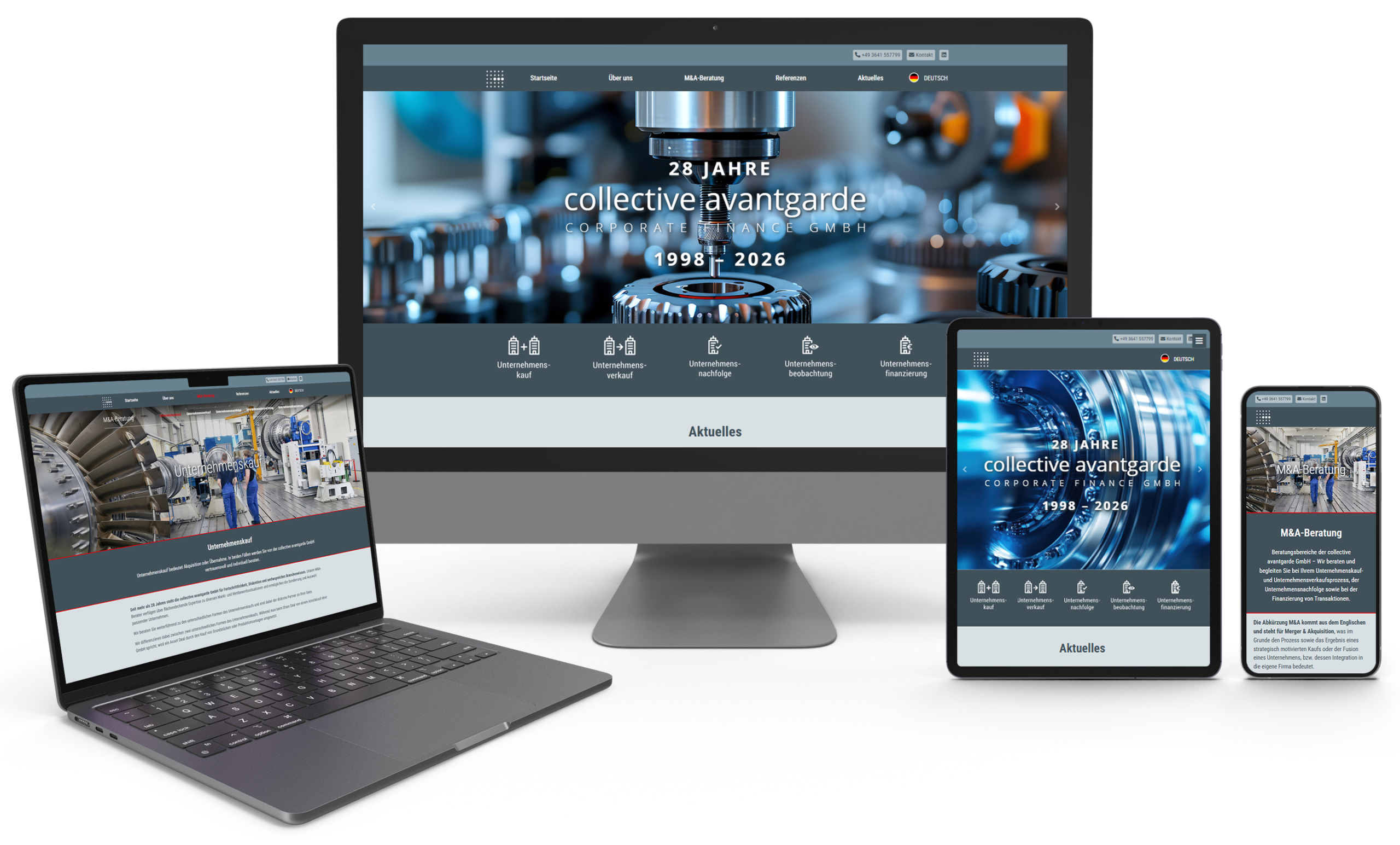 Responsive Website von collective avantgarde Corporate Finance für M&A-Beratung auf Desktop, Tablet und Smartphone