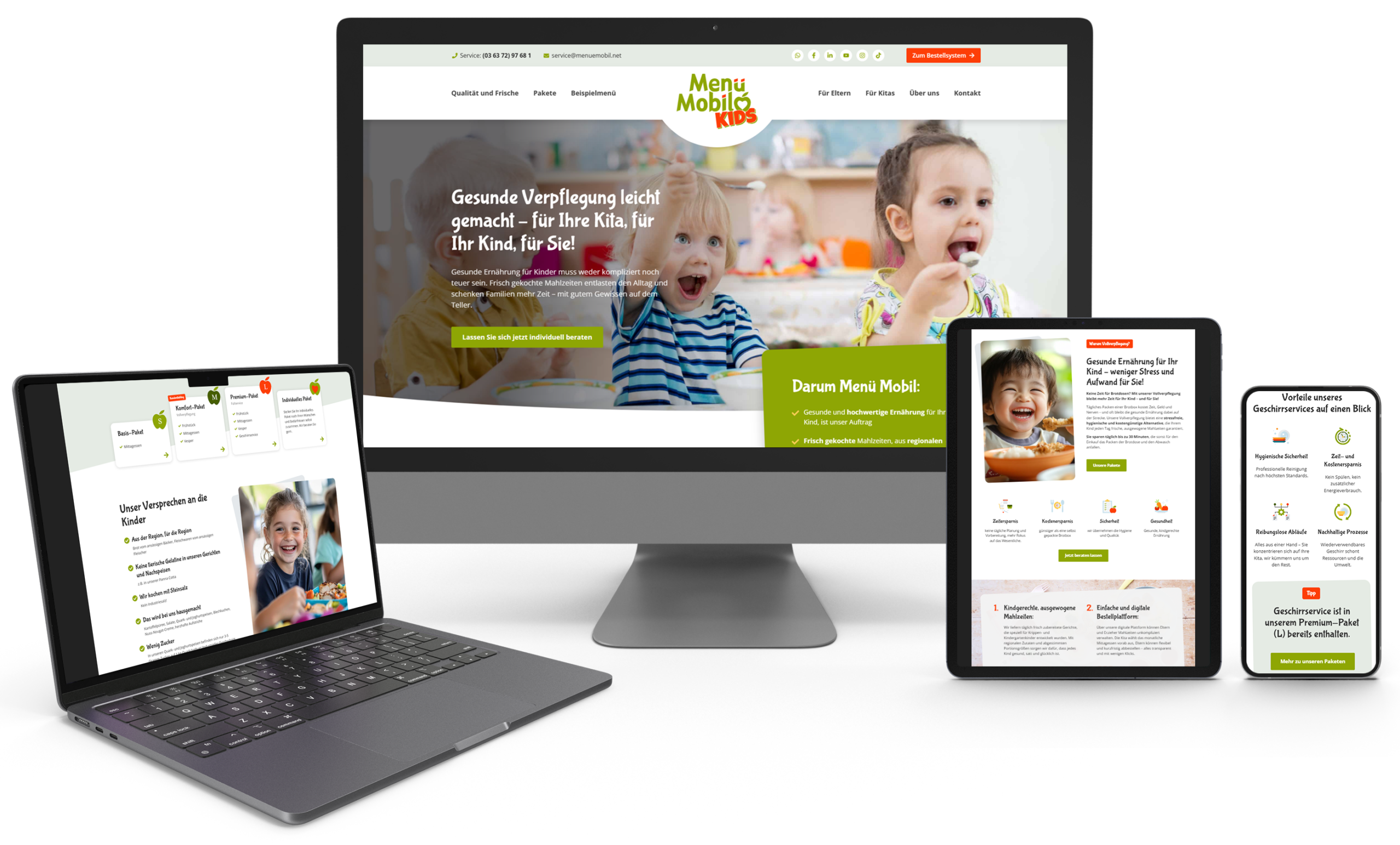 Responsive Website von Menü Mobil Kids für Kita-Catering und gesunde Kinderverpflegung auf Desktop, Tablet und Smartphone
