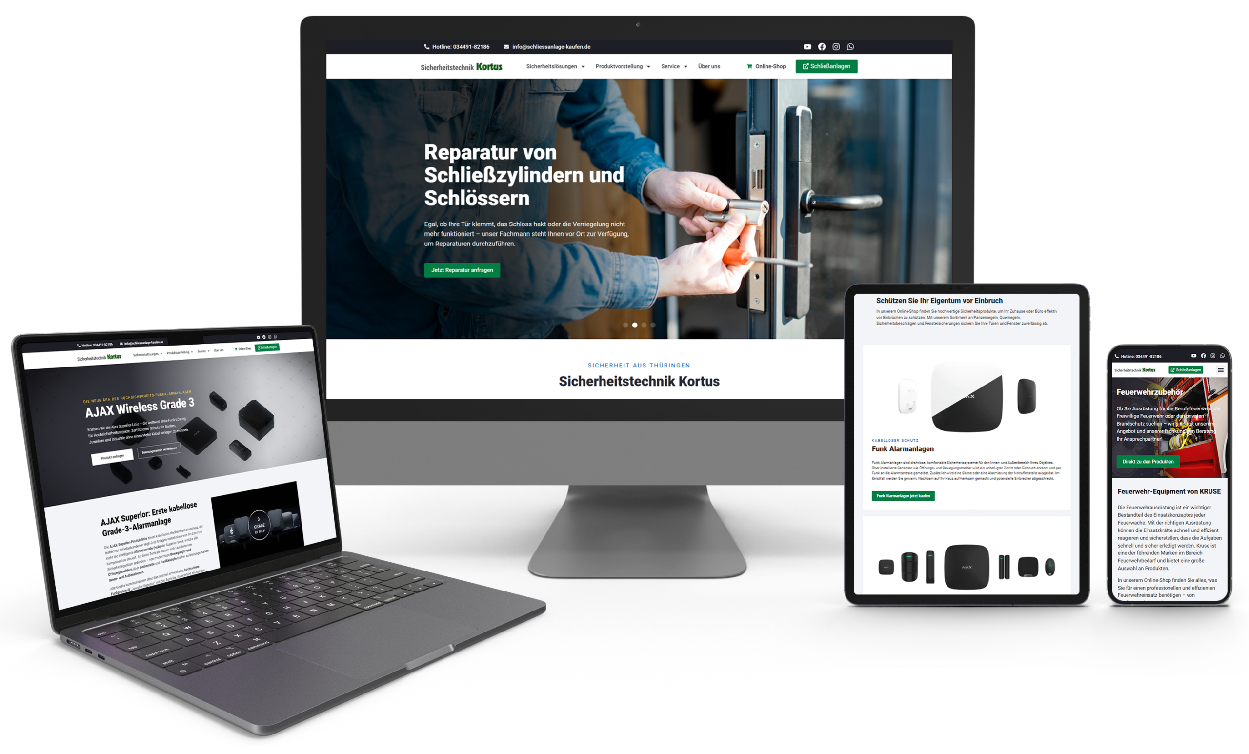 Responsive Website von Sicherheitstechnik Kortus für Schließzylinder-Reparatur, Alarmanlagen, Schlüsselverwaltung und Sicherheitslösungen