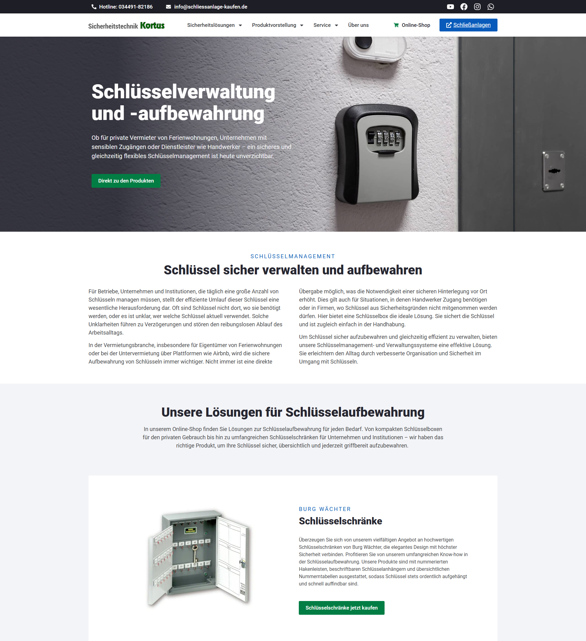 Website-Unterseite von Sicherheitstechnik Kortus zur sicheren Schlüsselverwaltung und Schlüsselaufbewahrung für Unternehmen und Privatkunden