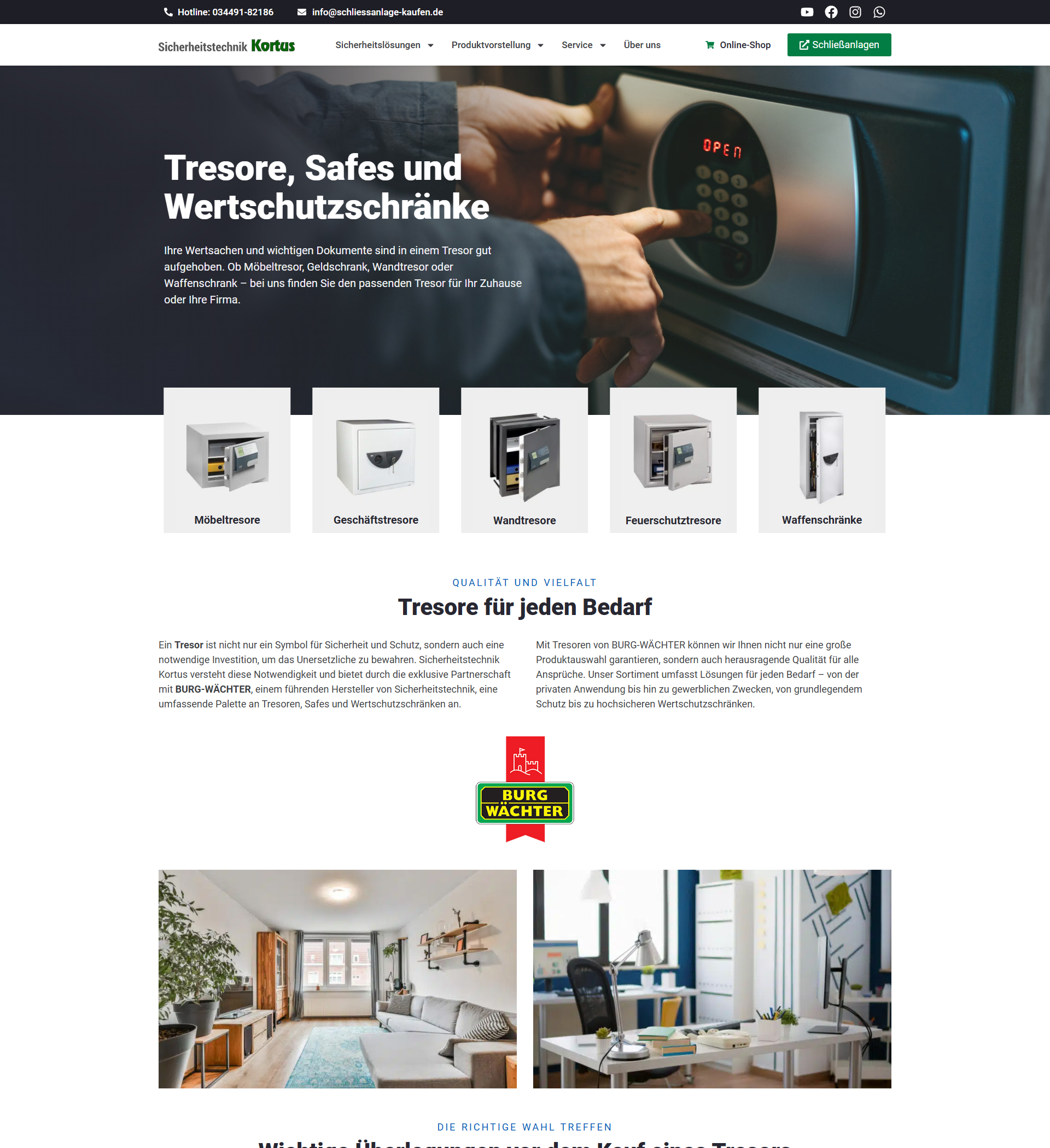 Website-Unterseite von Sicherheitstechnik Kortus mit Tresoren, Safes und Wertschutzschränken für sicheren Einbruchschutz
