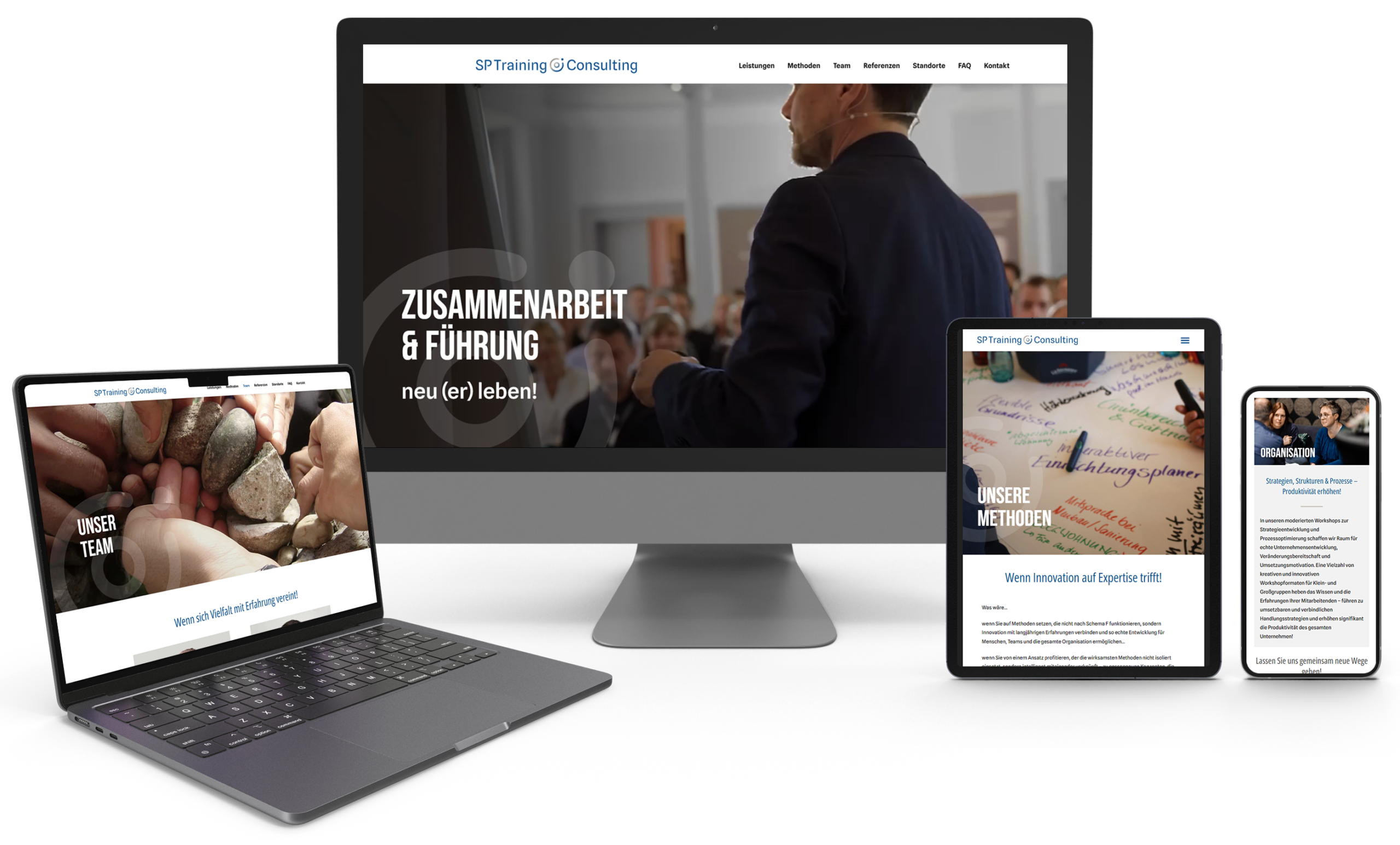 Responsive Webdesign von SP Training & Consulting für Führung, Zusammenarbeit und Organisationsentwicklung auf Desktop, Laptop, Tablet und Smartphone.