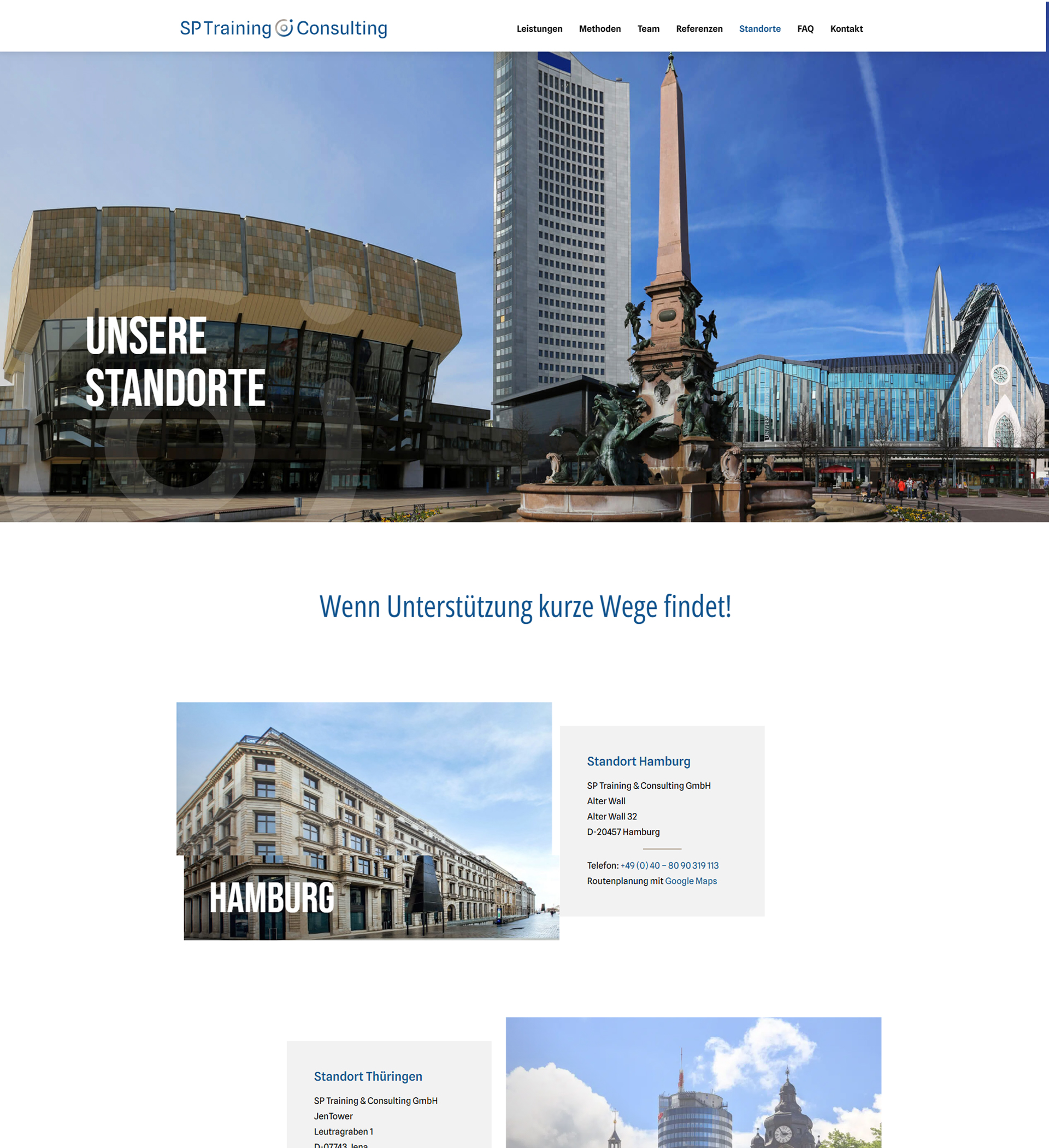 Standortübersicht von SP Training & Consulting mit Beratungsstandorten in Hamburg und Thüringen.