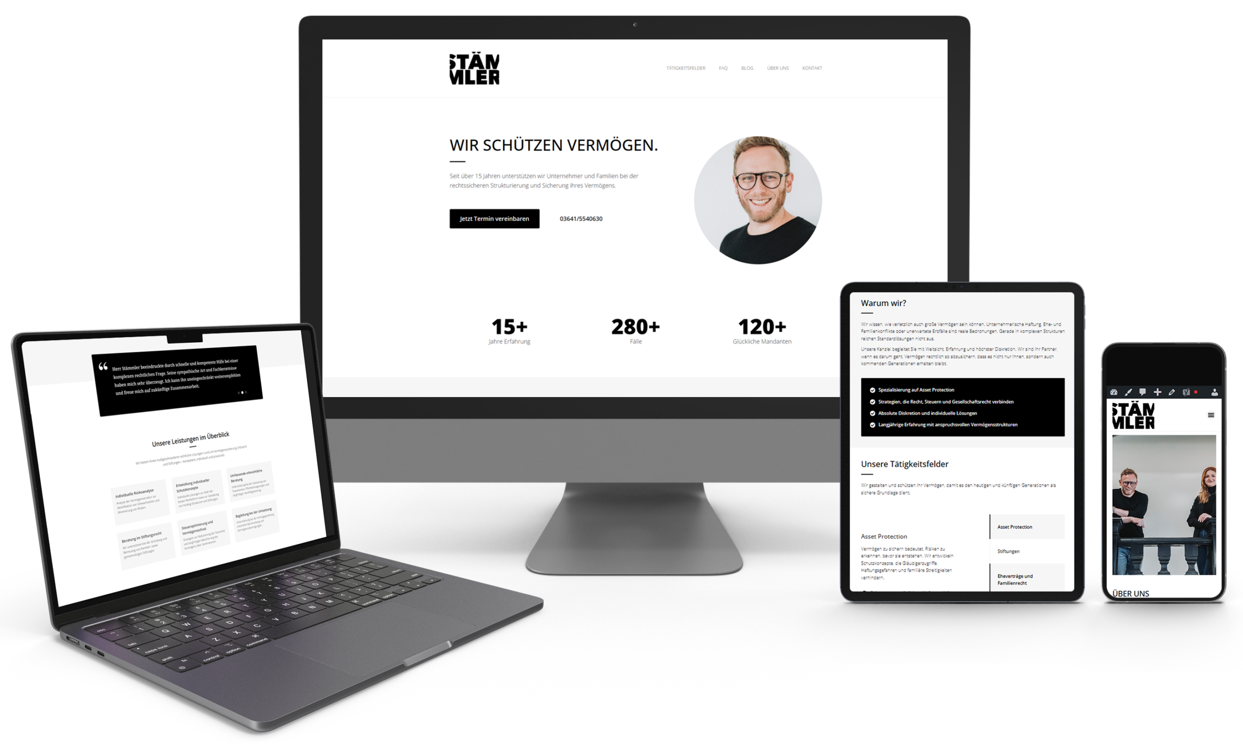 Responsive Webdesign der Kanzlei Stämmler in Jena auf Desktop, Laptop, Tablet und Smartphone.