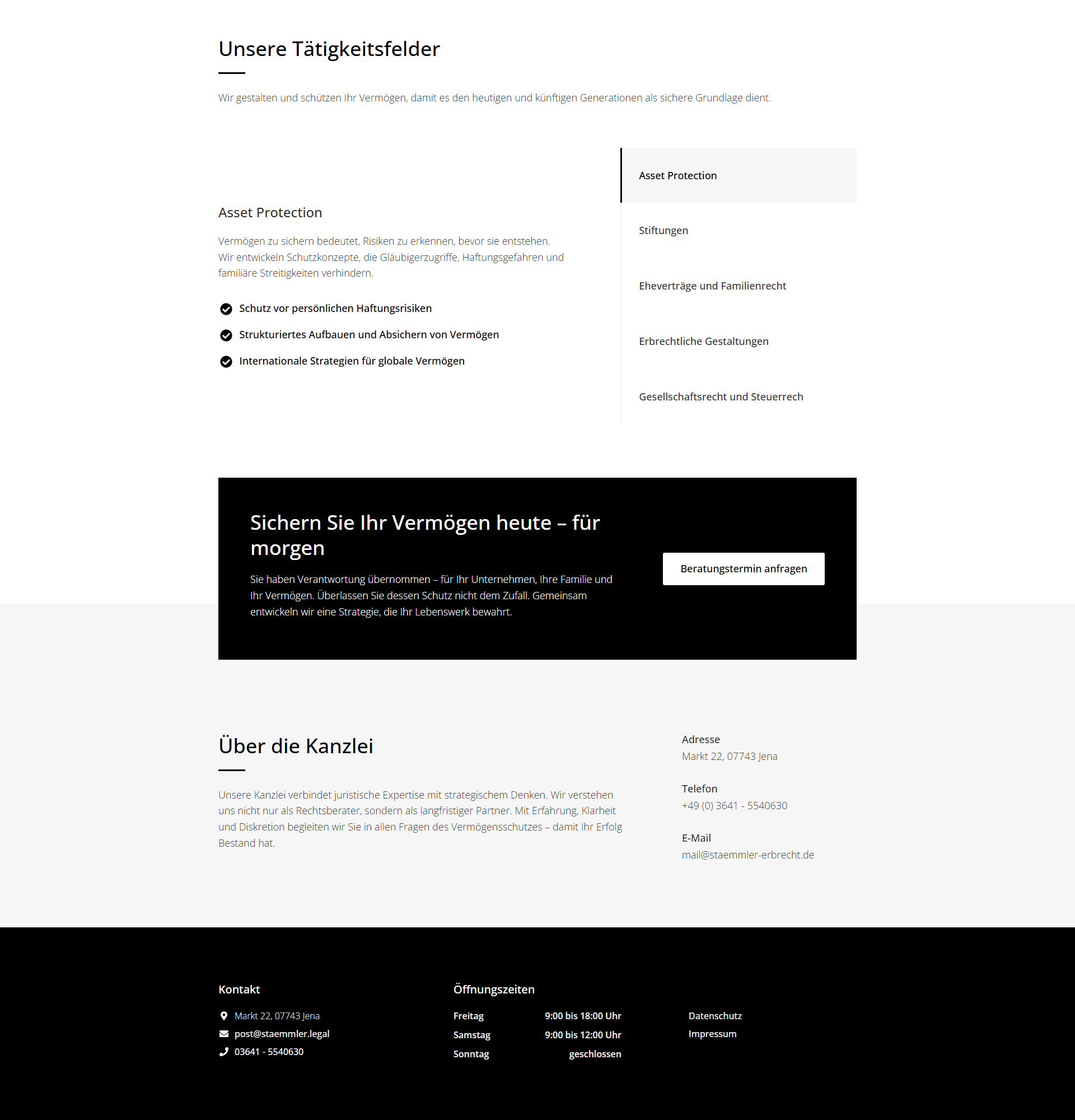 Website der Kanzlei Stämmler mit Tätigkeitsfeldern wie Asset Protection, Stiftungen, Familienrecht, Erbrecht und Gesellschaftsrecht.