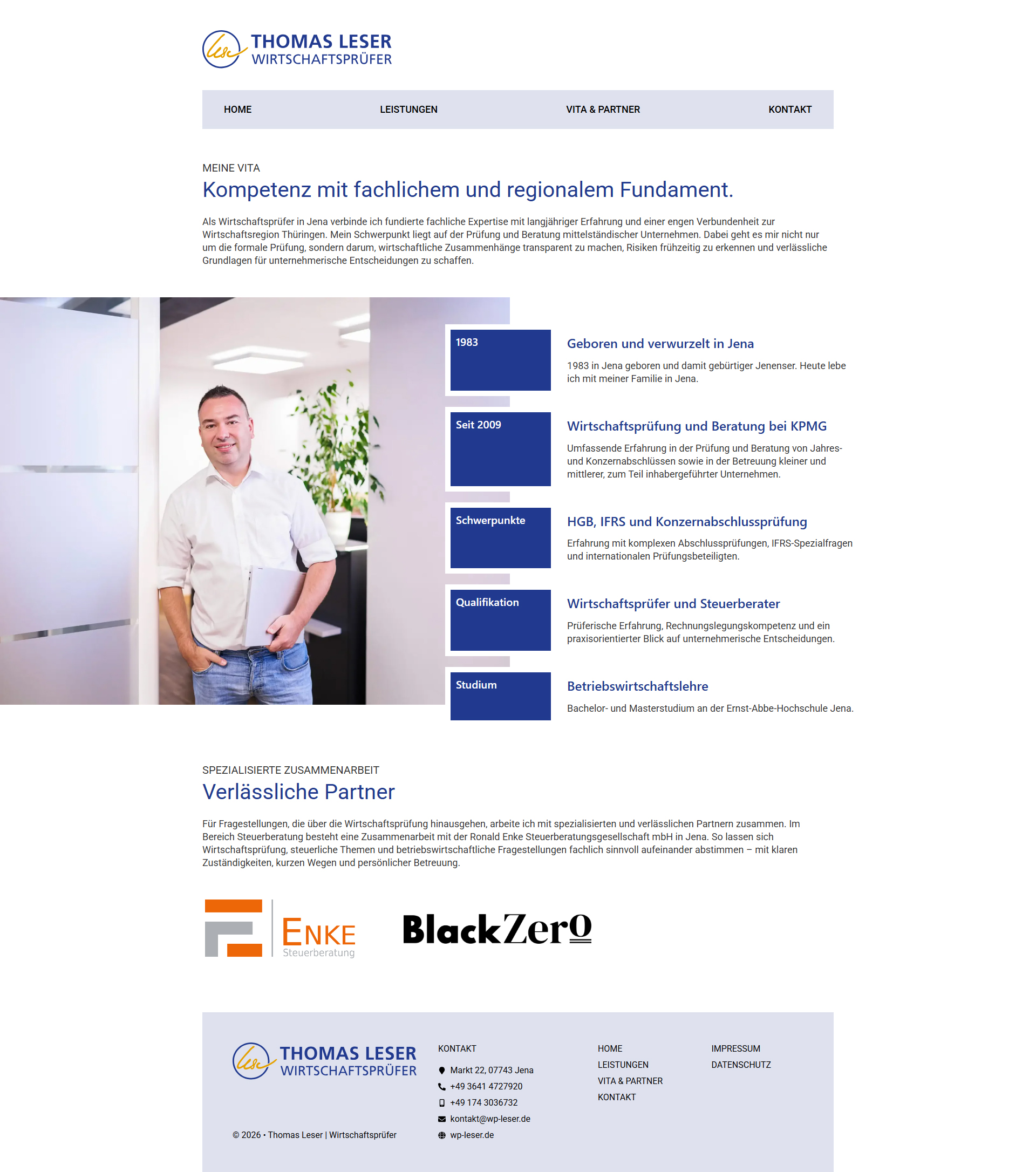 Website von Wirtschaftsprüfer Thomas Leser in Jena mit Vita, beruflichen Schwerpunkten und spezialisierten Partnern.