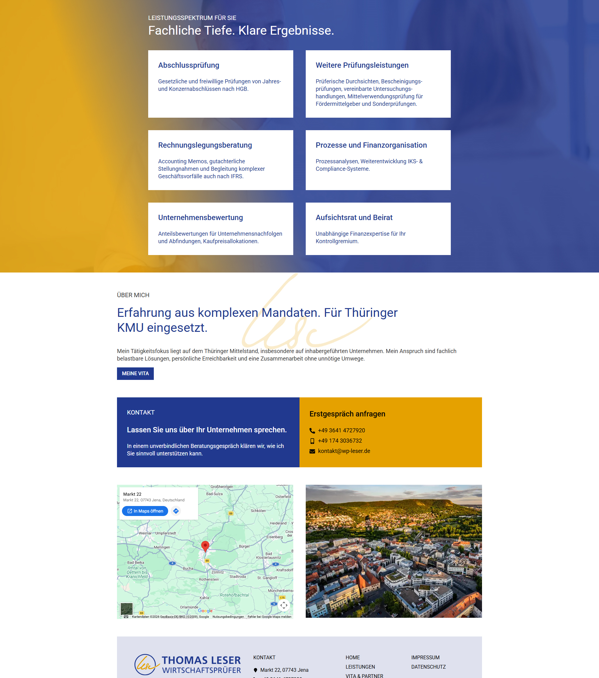 Website von Wirtschaftsprüfer Thomas Leser mit Leistungen zu Abschlussprüfung, Rechnungslegungsberatung, Unternehmensbewertung und Finanzorganisation in Jena.