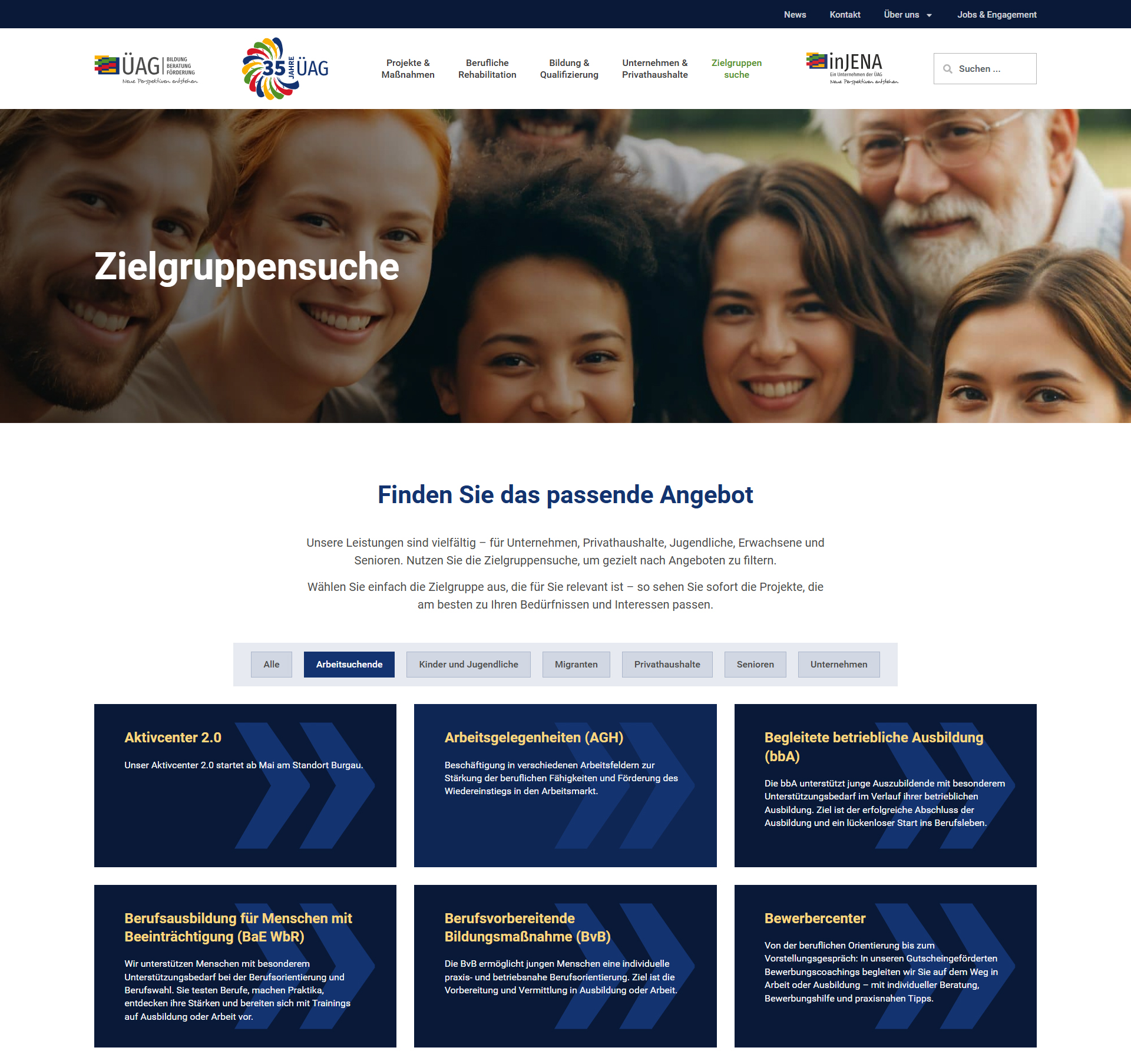 Webdesign für ÜAG Jena: Zielgruppensuche mit Filterfunktion für passende Bildungs-, Beratungs- und Qualifizierungsangebote