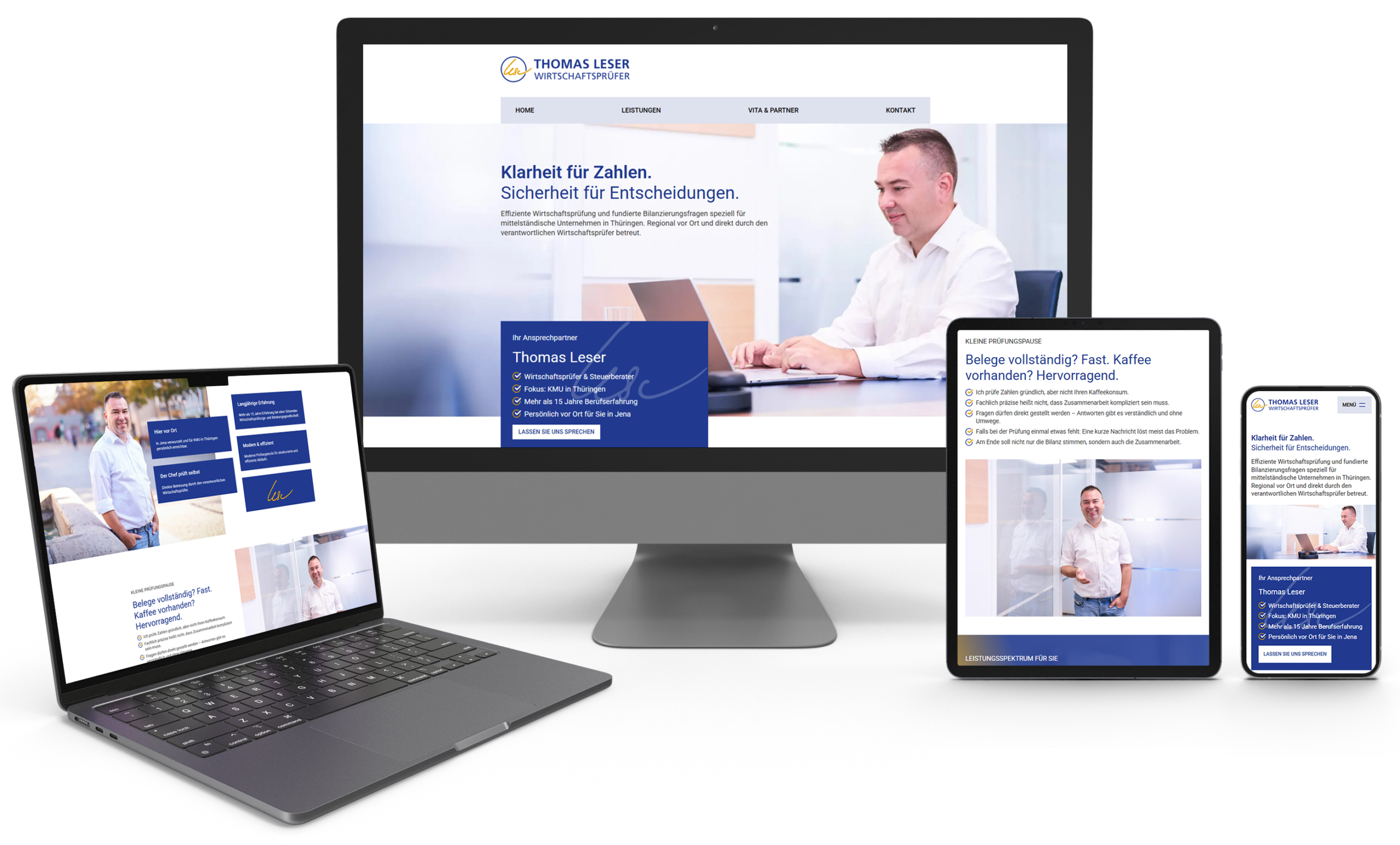 Responsive Webdesign für Wirtschaftsprüfer Thomas Leser in Jena mit Leistungen zur Wirtschaftsprüfung und Beratung auf Desktop, Laptop, Tablet und Smartphone.